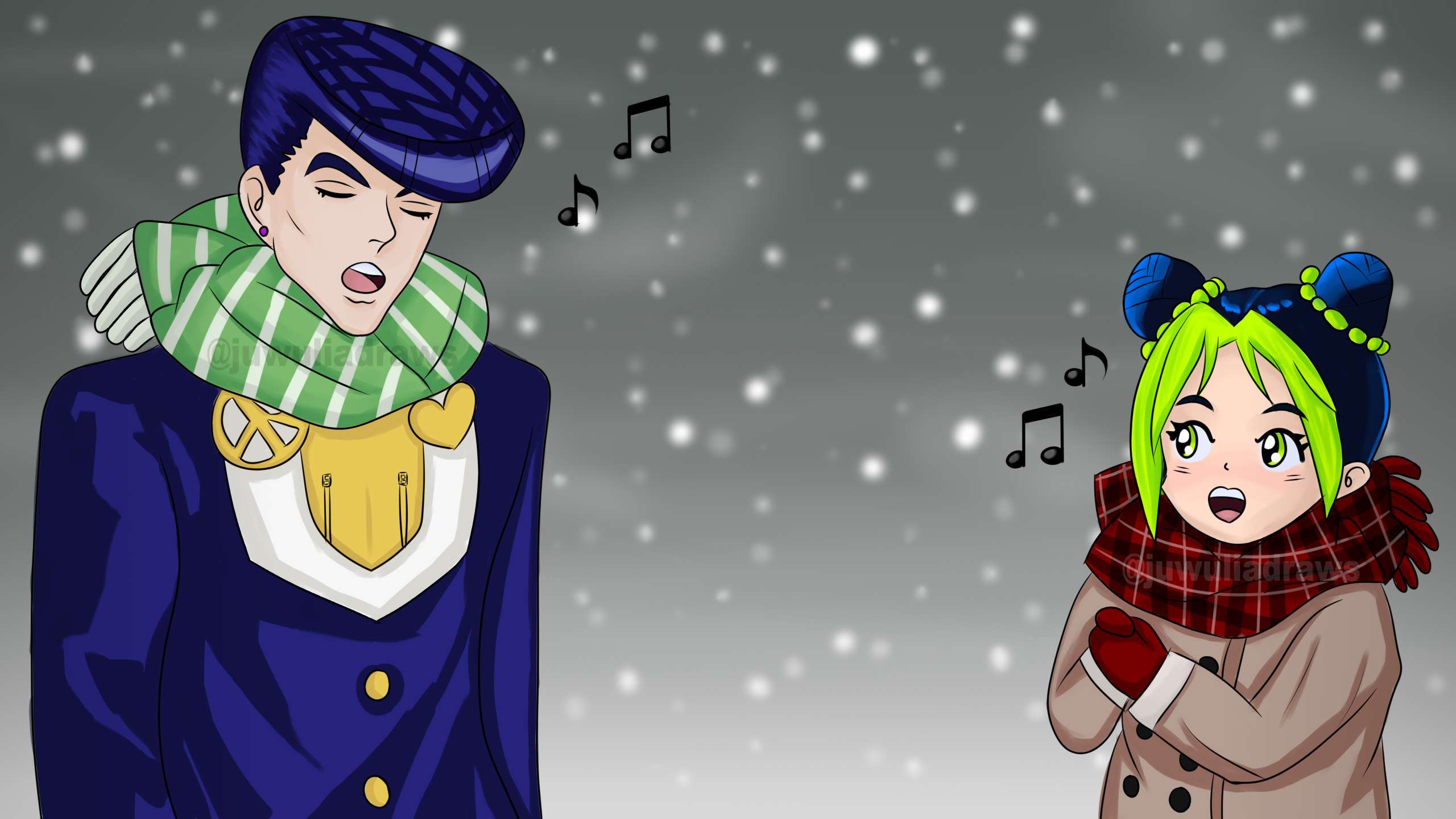 Characters from JoJo's Bizzare Adventure singing while its snowing
